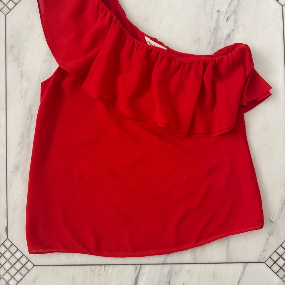 Rebecca Taylor Red Asymmetrical Ruffled Sleeveless Blouse